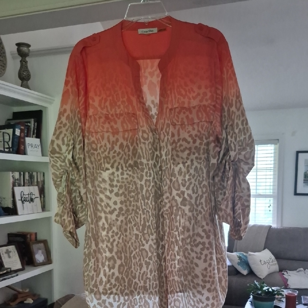 Calvin Klein Collection Orange Cream Relaxed Blouse with Mandarin Collar